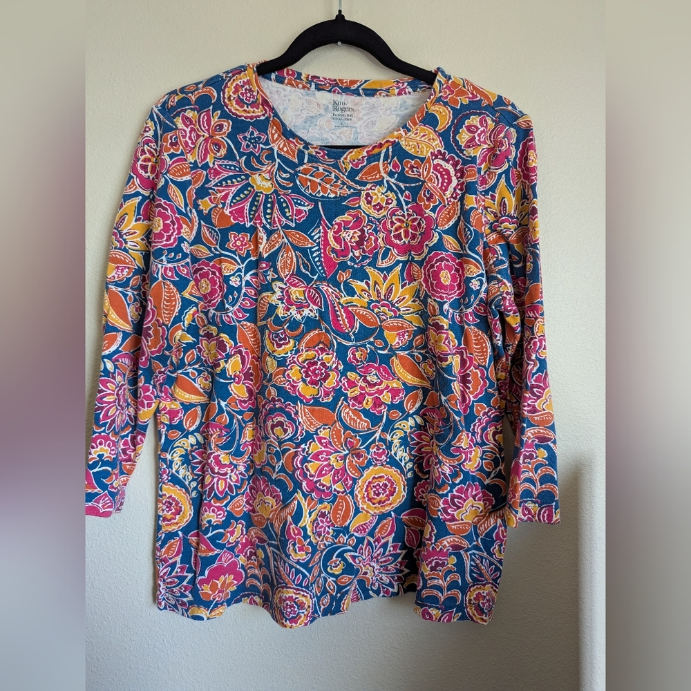 Kim Rogers Blue and Pink Floral Boxy Top Size L